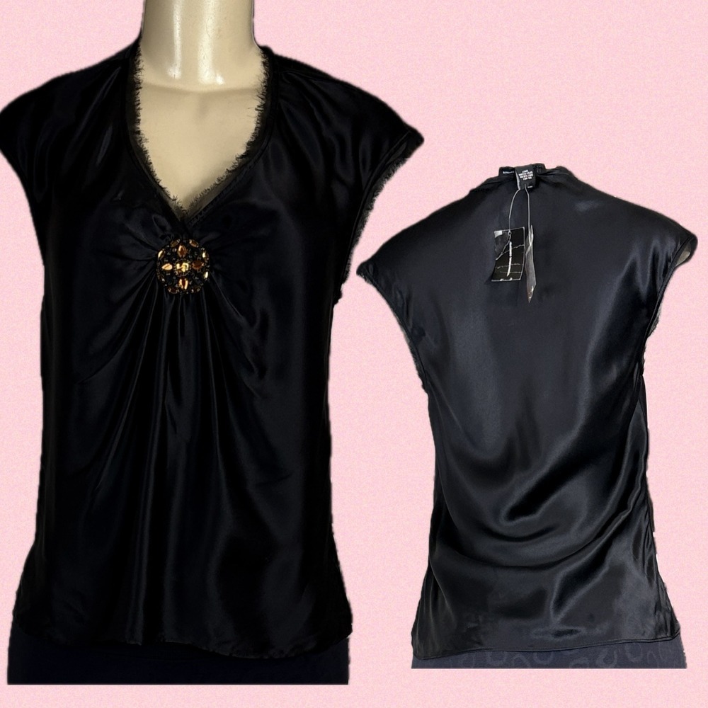INC International Concepts 6 Black 100% Silk Mesh Eyelash Trim Sleeveless Blouse